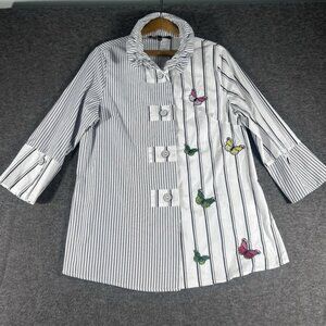 Womens Medium Button Up White Striped Butterfly Embroidered Art To Wear Blouse